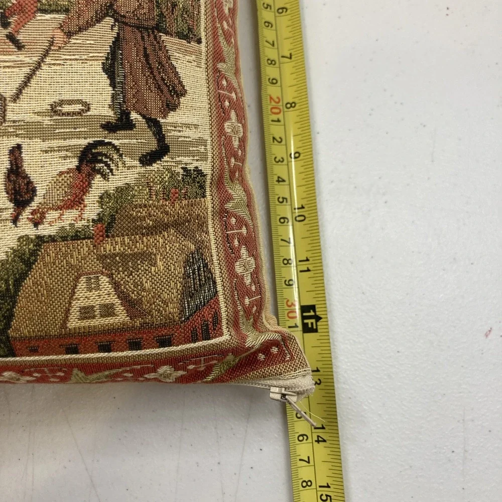 Vtg Scottish Tapestry Throw Pillow Crewel Cottage‎ Scene 13 X13